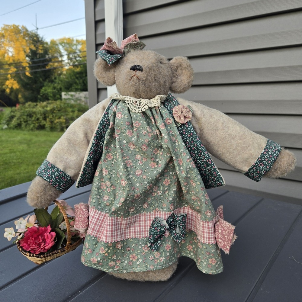 Vtg Handmade Teddy Bear Hand sewn Dress And Basket. Cottagecore